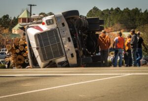 A semi-truck lies on a road, logs scattered, with bystanders and workers observing.