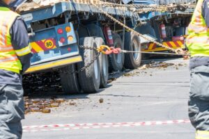 Emergency services are on site where a truck has tipped over, scattering glass bottles on the pavement.