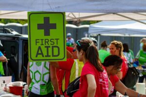 Emergency medical station at a parking lot during Austin City Limits Music Festival, providing first aid and medical assistance to participants and spectators.