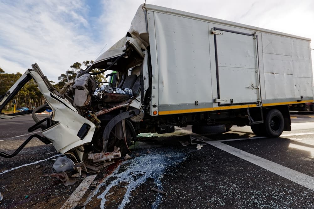 Severely damaged vehicle from a collision with a truck, debris scattered on the road under a bright sky.