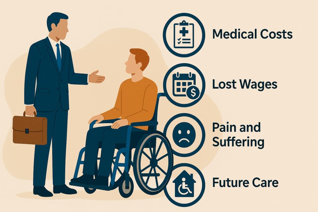 An informative digital illustration depicts compensation options for spinal cord injury victims in Texas, showing a lawyer advising a wheelchair user alongside icons representing medical costs, lost income, pain and suffering, and future care.