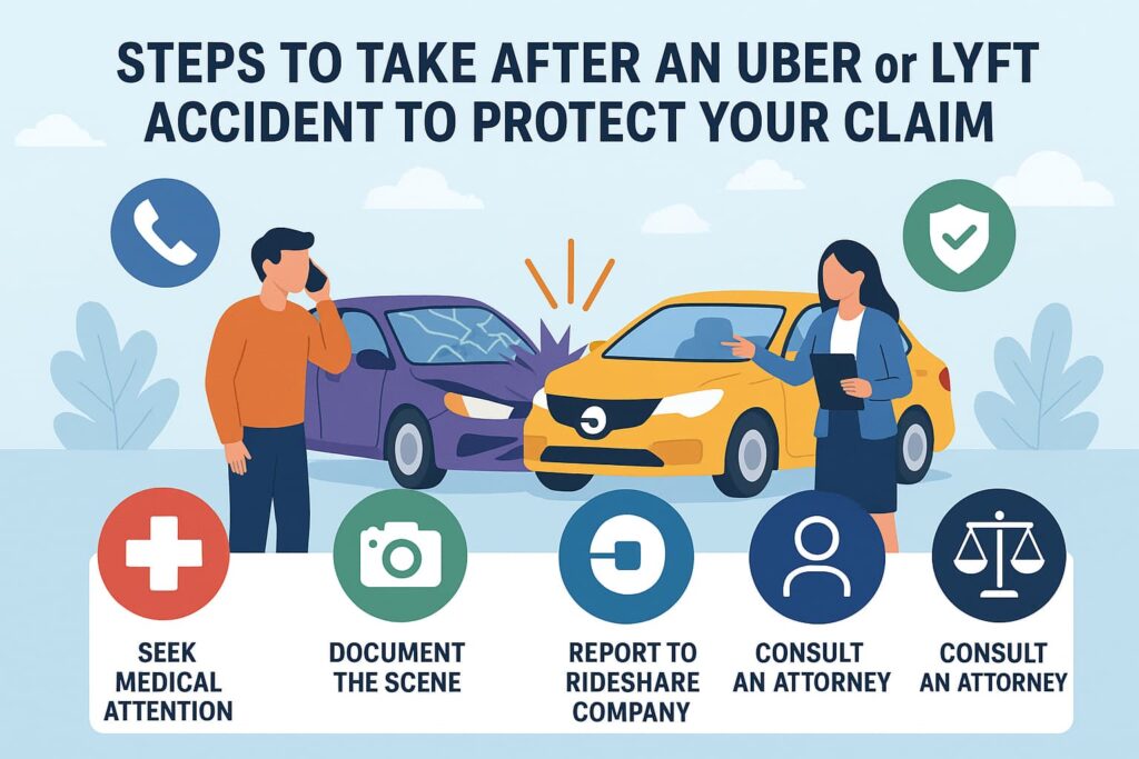 Illustrated guide showing steps to take after an Uber or Lyft accident, including medical care, evidence gathering, and legal consultation.