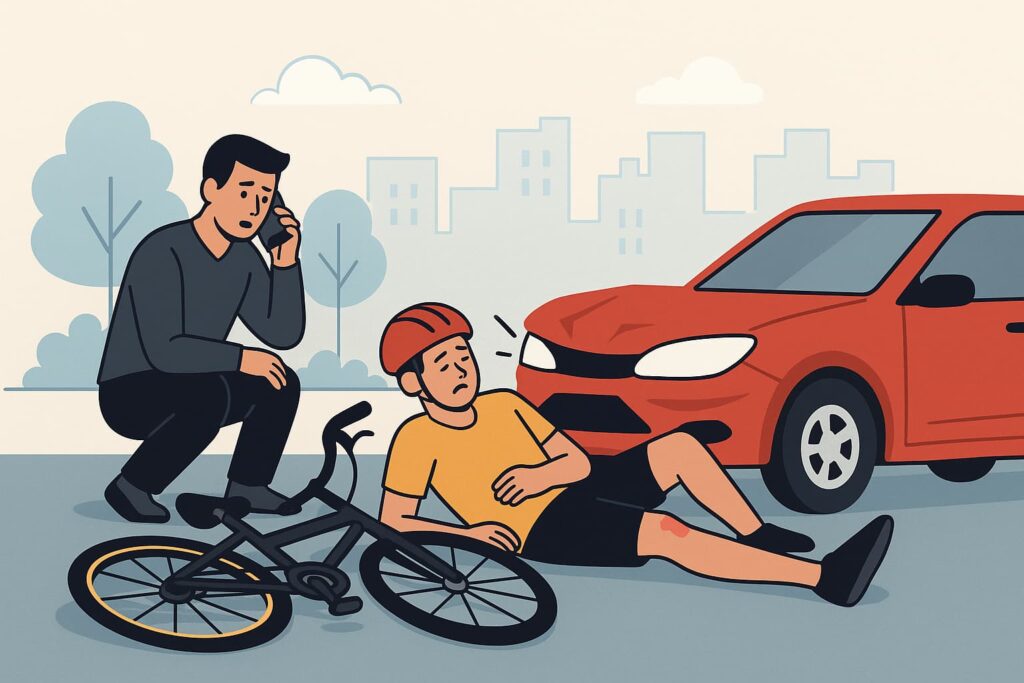 Injured cyclist lying near a red car after an accident, with a bystander calling for help—urban background suggests city traffic incident.