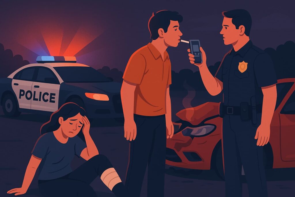 Digital illustration showing a drunk driving accident scene at night—police conducting a sobriety test while an injured woman sits beside a crashed vehicle.