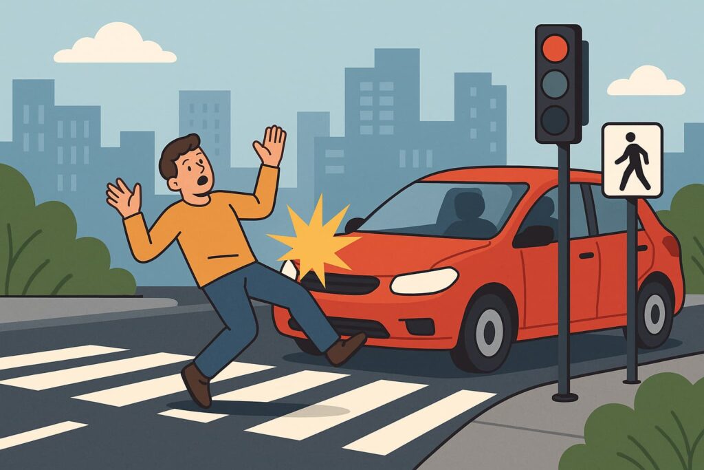 Digital illustration showing a pedestrian being struck by a car in a crosswalk on an Austin city street, emphasizing urban traffic dangers.