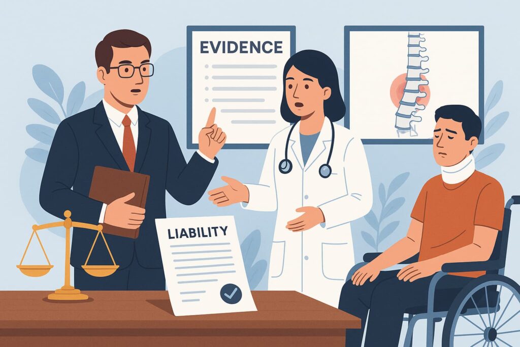 Digital illustration showing a spinal cord injury consultation, featuring an attorney, medical expert, injured client in a wheelchair, and legal evidence.