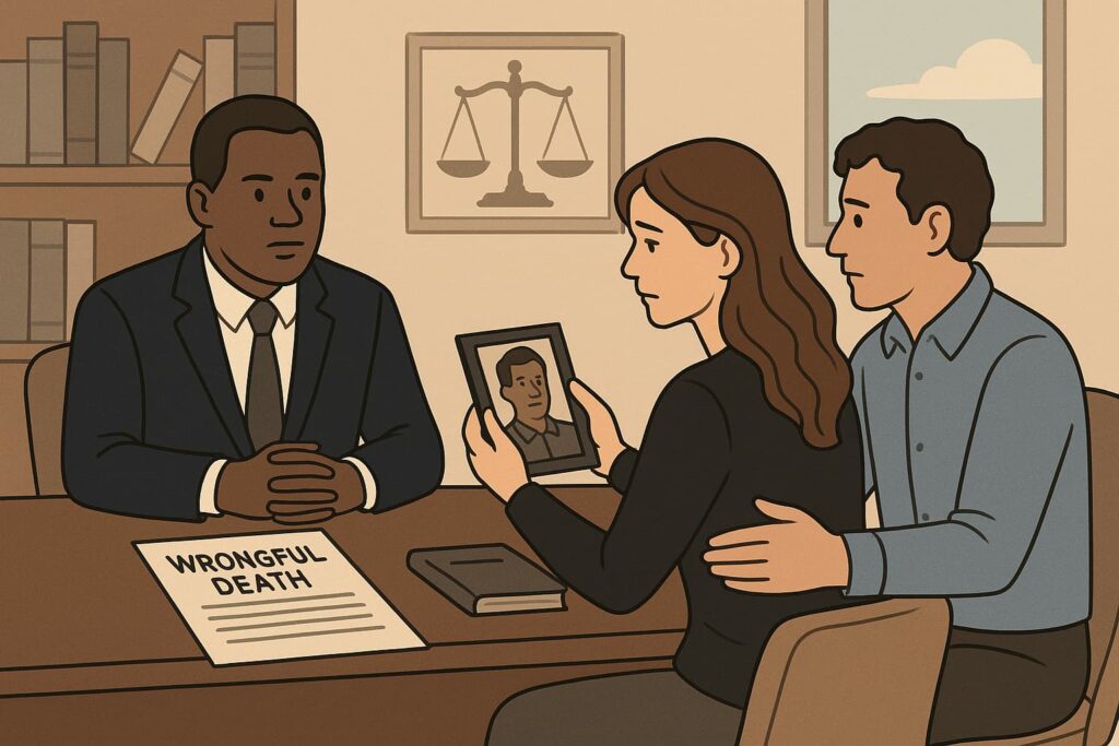 A grieving family consults a lawyer about a wrongful death claim, showing a photo of the deceased, with legal documents on the table.