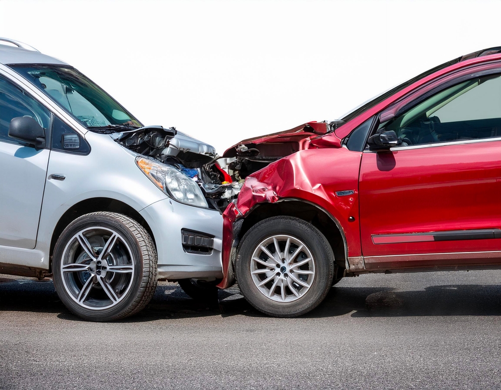 Cars crash accident on the street. Damaged automobiles. Car Insurance Concept